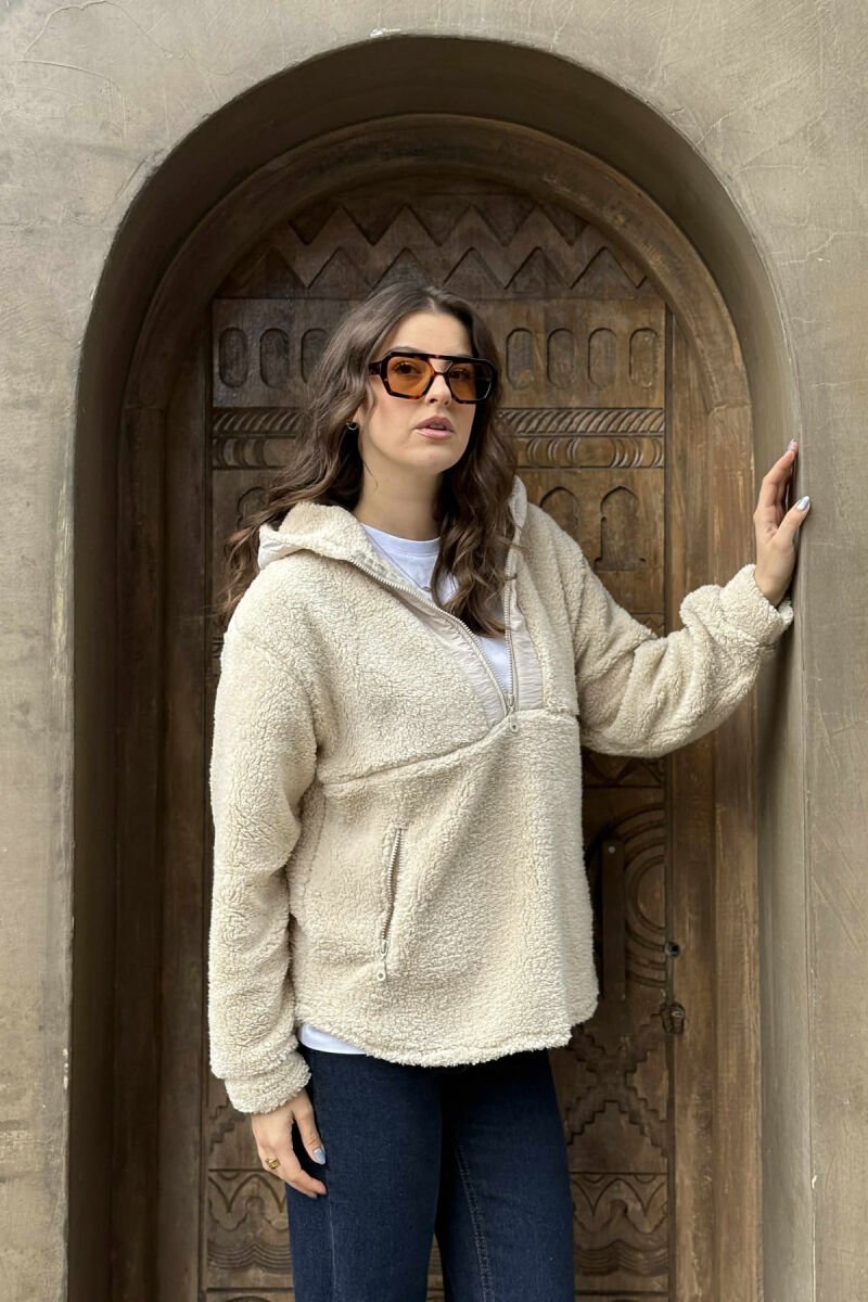 ZIPPERED POLAR WOMEN HOODIE LIGHT BEIGE/BZHZB - 1
