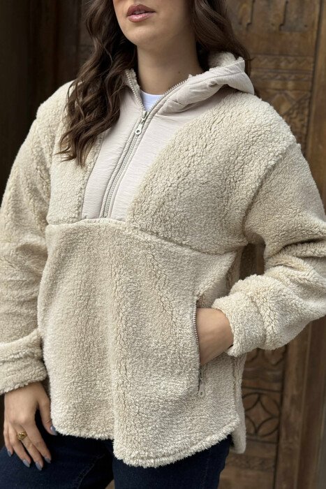 ZIPPERED POLAR WOMEN HOODIE LIGHT BEIGE/BZHZB - 4