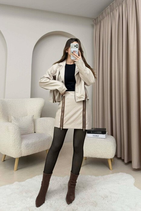 SET LEKURE XHAKETE ME DETAJE ZINXHIRASH + FUND PER FEMRA NE NGJYRE BEZHE - KLAUDIO FASHION