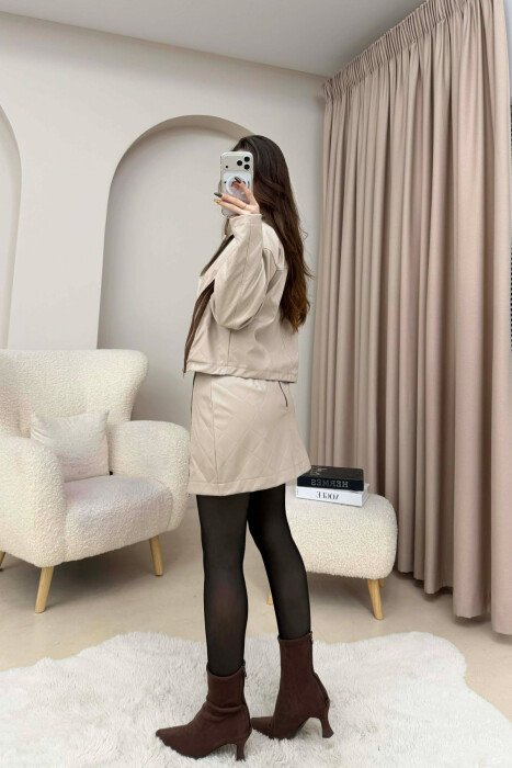 ZIPPERS DETAIL JACKET+SKIRT LEATHER WOMEN SET BEIGE/BEZHE - 2