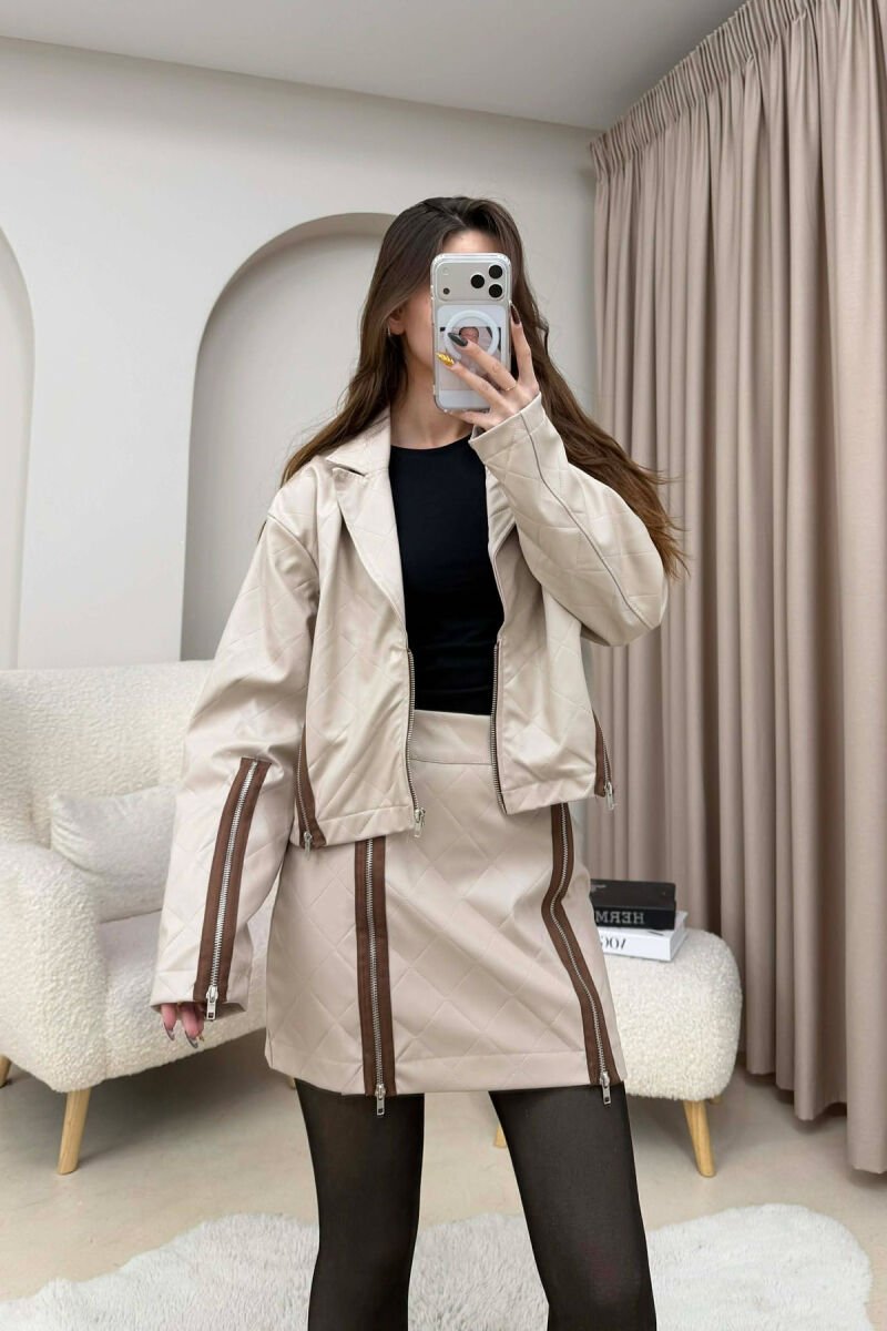 ZIPPERS DETAIL JACKET+SKIRT LEATHER WOMEN SET BEIGE/BEZHE - 3
