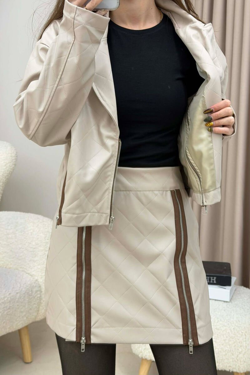 ZIPPERS DETAIL JACKET+SKIRT LEATHER WOMEN SET BEIGE/BEZHE - 4