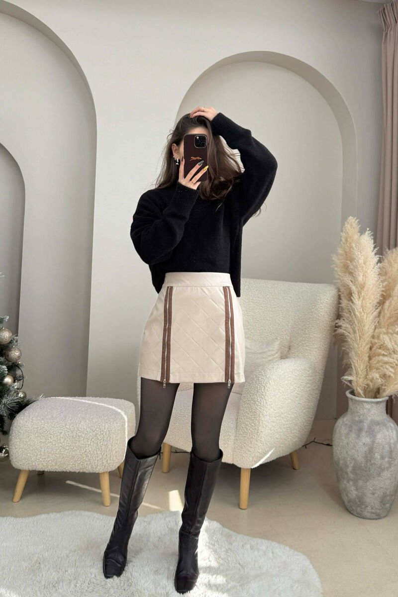 ZIPPERS DETAIL SHORT LEATHER WOMEN SKIRT BEIGE/BEZHE - 2