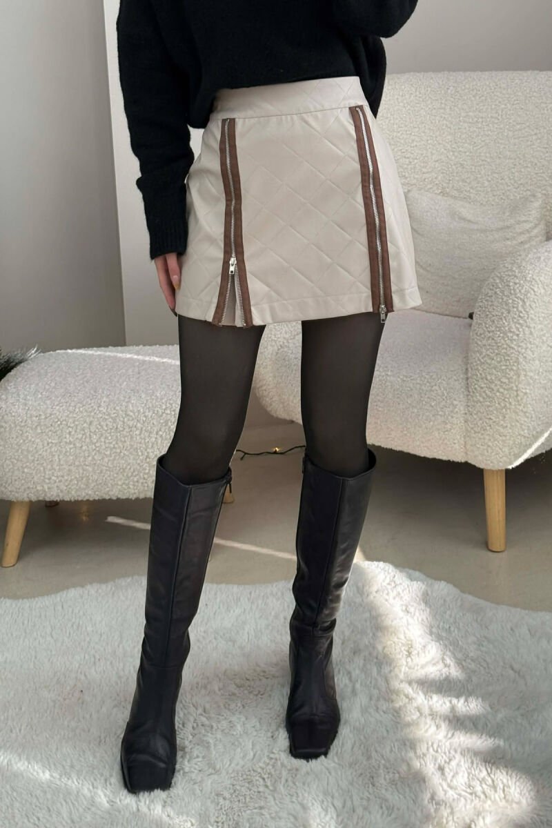 ZIPPERS DETAIL SHORT LEATHER WOMEN SKIRT BEIGE/BEZHE - 1