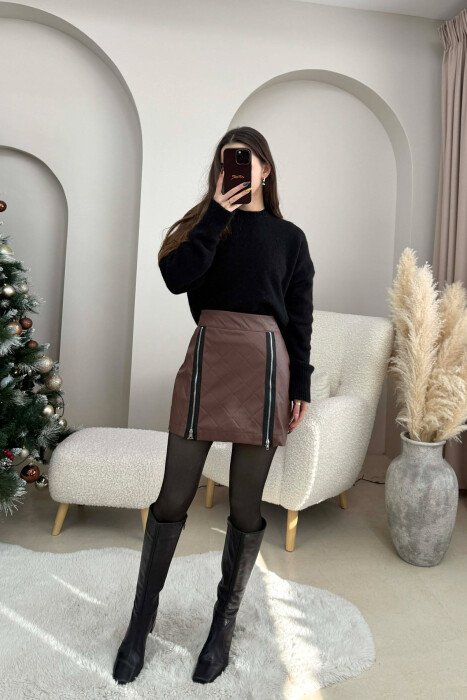 ZIPPERS DETAIL SHORT LEATHER WOMEN SKIRT BROWN/KAFE - 4